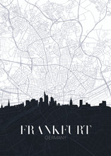 Skyline And City Map Of Frankfurt Am Main, Detailed Urban Plan Vector Print Poster