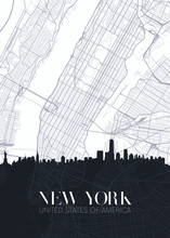 Skyline And City Map Of New York, Detailed Urban Plan Vector Print Poster