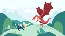 Cartoon Businessman Fighting Fire Breathing Dragon Vector Graphic Illustration. Male Knight With Protective Shield And Sword Battle With Monster. Concept Of Risk, Courage And Leadership In Business