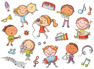 Leinwandbilder - Kids with different musical instruments, playing music and singing