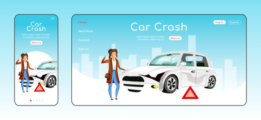 Poster - car crash responsive landing page flat vector template. emergency situation help homepage layout. on
