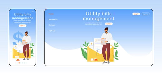 Wall Mural - Utility bills management adaptive landing page flat color vector template. Tax payment mobile and PC homepage layout. Utility service one page website UI. Regular expense webpage cross platform design