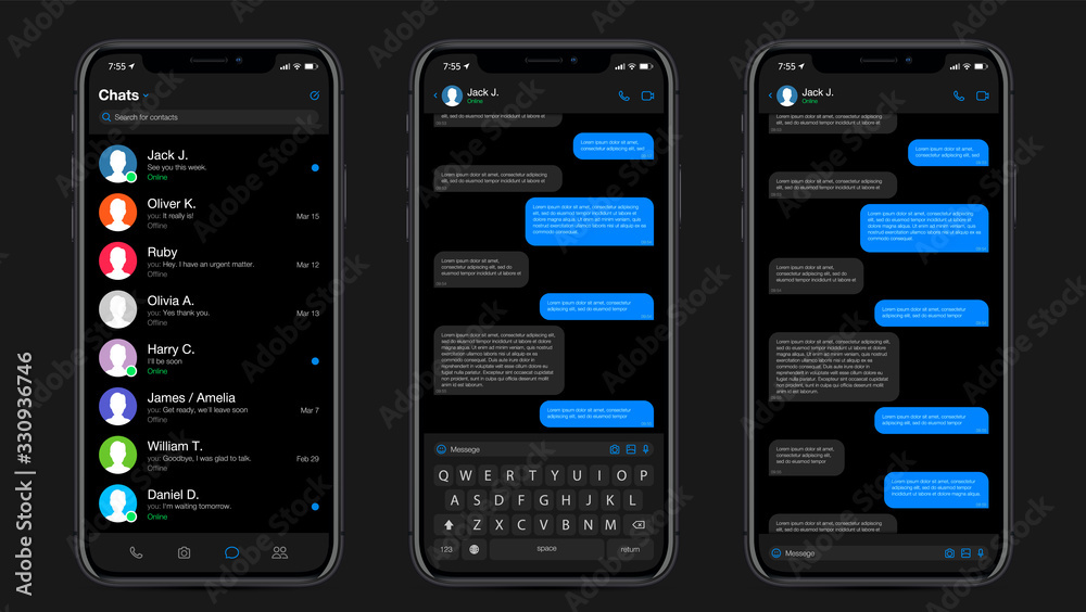 Realistic Mockup app messenger on the screen smartphone in black color concept. Social / UI / UX design. Vector illustration. - obrazy, fototapety, plakaty 