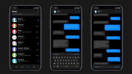 Wall Mural - Realistic Mockup app messenger on the screen smartphone in black color concept. Social / UI / UX design. Vector illustration.
