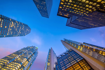 Looking up shot of downtown financial district with skyscrapers in  Toronto