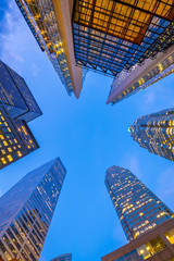 Looking up shot of downtown financial district with skyscrapers in  Toronto