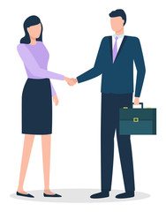 Wall Mural - Businessman and businesswoman do handshaking about deal. Man and woman stand together, people isolated on white. Meeting of managers for agreement about business. Vector illustration in flat style