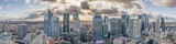 Aerial panoramic drone shot of La Defense skycraper in Paris with clouds and sunset