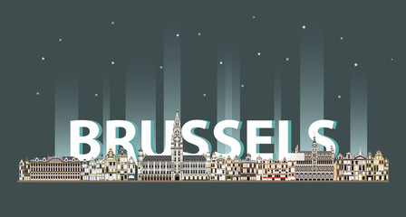 Brussels cityscape at night colorful poster. Vector illustration