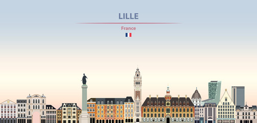 Fototapete - Vector illustration of Lille city skyline on colorful gradient beautiful daytime background