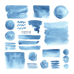 Set of hand painted watercolor abstract blue elements isolated on white background. Creative collection for your design