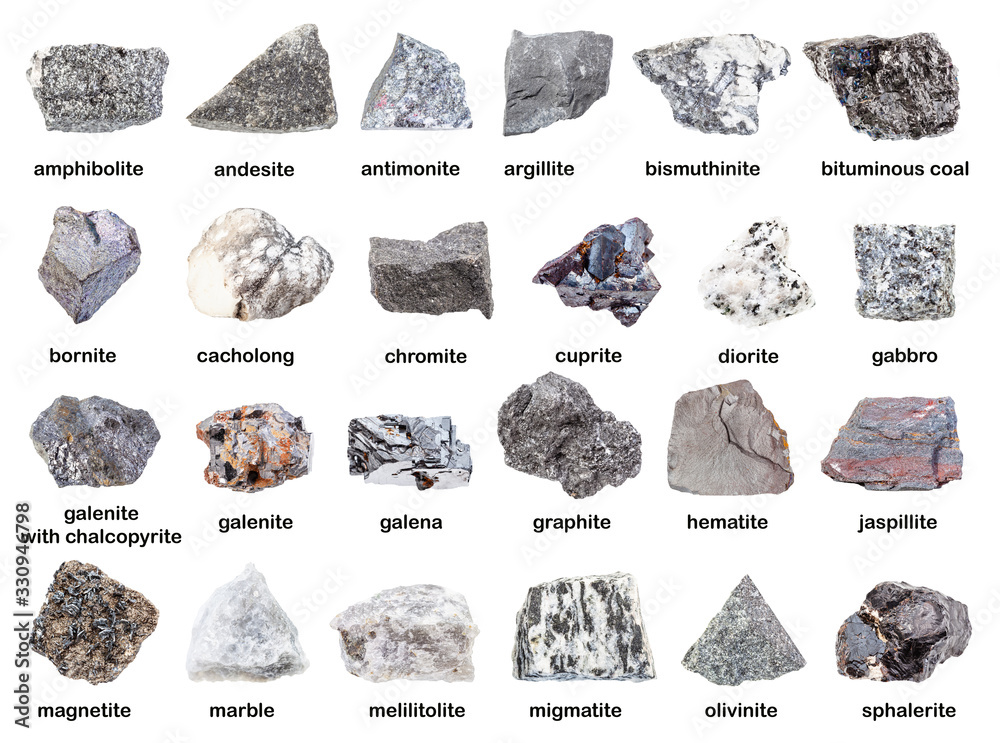 set of various gray unpolished rocks with names