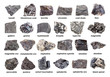 set of various dark unpolished minerals with names