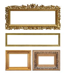 Set of golden frames for paintings, mirrors or photo isolated on white background