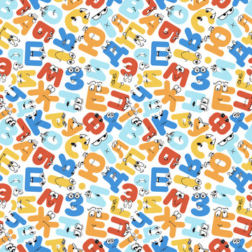 Colorful kids Ukrainian alphabet letters seamless pattern with hand drawn characters faces. Stock vector illustration for print on textile, decorative paper, wallpaper, gift wrap, book cover 