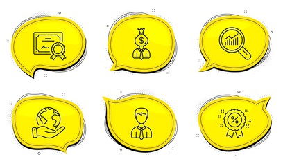 Data analysis sign. Diploma certificate, save planet chat bubbles. Manager, Discount and Businessman line icons set. Work profit, Sale shopping, User data. Magnifying glass. Business set. Vector