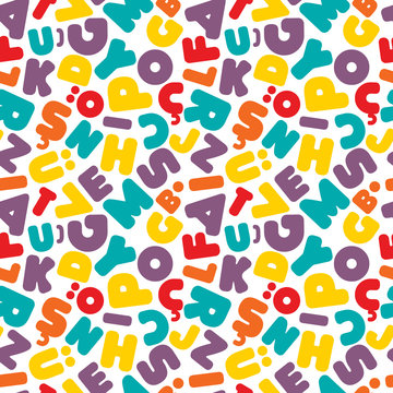 Colorful kids Turkish alphabet letters seamless pattern on white background.Stock vector illustration for print on textile, decorative paper, wallpaper, gift wrap, book cover