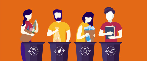 Bundle of cute funny people putting rubbish in trash bins, dumpsters or containers. Set of happy men and women practicing garbage collection, sorting and recycling. Flat cartoon illustration.