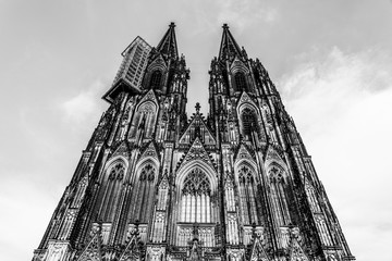 Black and white facade of the gothic cathedral a UNESCO world heritage site in Cologne, Germany