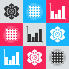 Sticker - Set Atom, Processor and Pie chart infographic icon. Vector