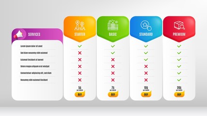 Search package, Hotel and Loyalty star line icons set. Pricing table, price list. Ab testing sign. Tracking service, Travel, Bonus reward. Test chart. Business set. Vector