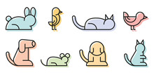 Simple Set Of Pet Related Vector Line Icons. Contains Such Icons As Dog, Hamster, Cat, Bird And Rabbit.