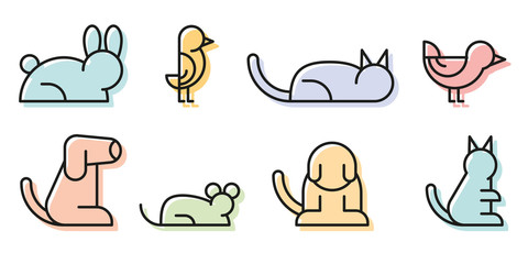 Simple Set of Pet Related Vector Line Icons. Contains such Icons as Dog, Hamster, Cat, Bird and rabbit.