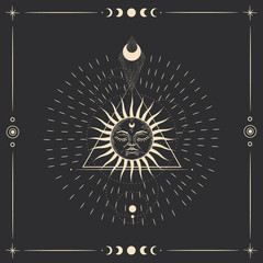 Wall Mural - the sun and moon, the beauty of the eastern night. traditional folk spiritual elements. space objects. Vector graphics