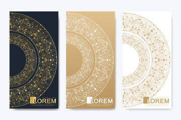 Poster - Modern set of vector flyers. Geometric abstract presentation with golden mandala. Molecule and communication background for medicine, science, technology, chemistry.