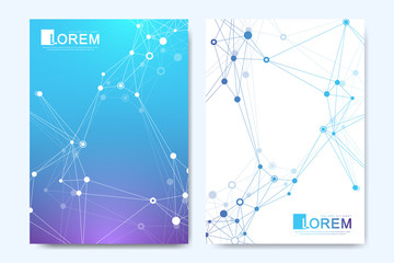 Poster - Modern vector template for brochure, leaflet, flyer, cover, catalog in A4 size. DNA helix, DNA strand, molecule or atom, neurons. Abstract structure for Science or medical background
