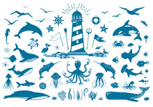 Vector Nautical Set With Lighthouse And Sea Animals. Whales, Dolphins, Fish, Seagulls, Corals And Water Plants Isolated On White. Big Set Of Vector Illustrations With Marine Creatures. Vector EPS 10