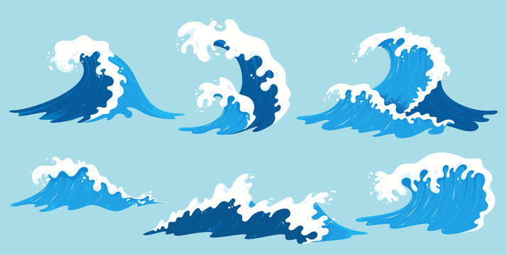 vector sea waves collection. illustration of blue ocean waves with white foam. isolated water splash