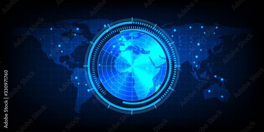 world map with a radar screen,digital blue radar with targets and world ...