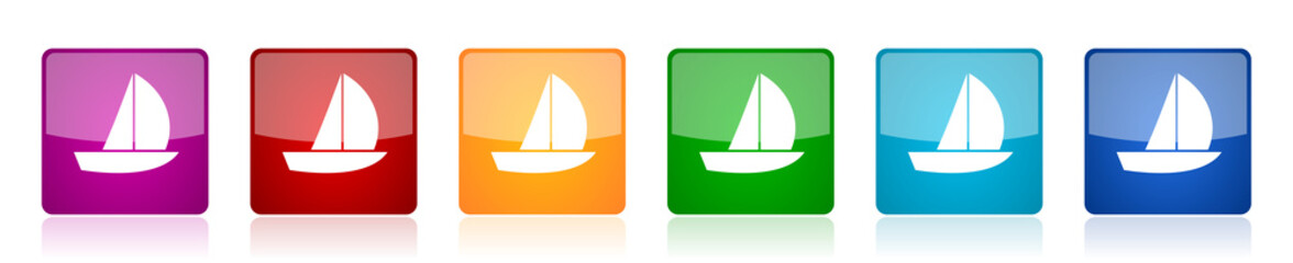 Aufkleber - Yacht icon set, colorful square glossy vector illustrations in 6 options for web design and mobile applications