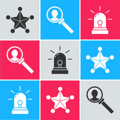 Wall Mural - Set Hexagram sheriff, Magnifying glass for search and Flasher siren icon. Vector