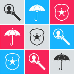 Sticker - Set Magnifying glass for search, Umbrella and Police badge icon. Vector