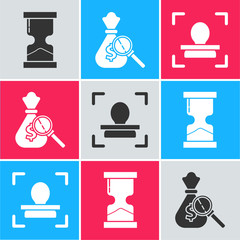 Poster - Set Old hourglass, Money bag and magnifying glass and Face recognition icon. Vector