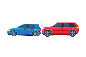 Wall Mural - Two Cars Involved in Car Wreck, Auto Accident Flat Vector Illustration