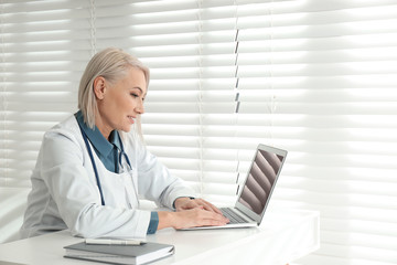 Canvas Print - Mature female doctor working with laptop at table in office