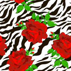 Wall Mural - Design with zebra skin and red roses. Seamless vector texture. Summer bright floral pattern. Perfect for all kind of prints. Hand drawing style. Vector