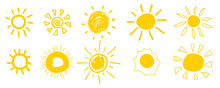 Doodle Sun Icons. Hot Weather Suns Collection Isolated On White.  Summer Doodles With Sunlight, Sketch Drawings, Hand Drawn Sunshine Objects. Vector Illustration. 