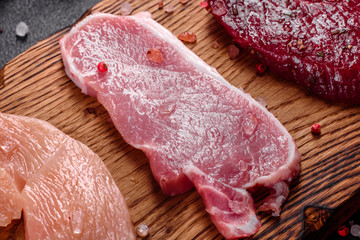 Fresh pieces pork ready to cook on a dark background in the kitchen