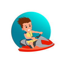 Flat Design Of Happy Boy Riding On Jet Ski