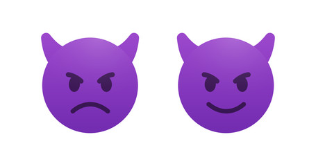 Poster - Evil and cunning devil emoji vector icon. Angry emoticon with horns. Smile sticker.