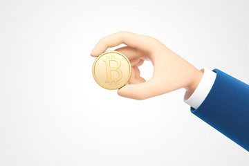 Wall Mural - Cartoon hand in blue suit holding gold bitcoin coin over white background. Concept of cryptocurrency donation and investment.