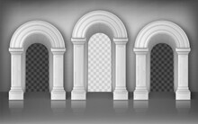 Arches With Columns In Wall Realistic Vector, Interior Gates With White Pillars In Palace Or Castle Corridor, Archway Frames, Portal Entrance, Antique Doorway With Shadow Inside, 3d Illustration
