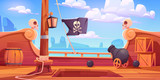 Pirate ship wooden deck onboard view, boat with cannon, wood boxes and barrel, hold entrance, mast with ropes, lantern and skull buccaneer flag on rocky seascape background cartoon vector illustration