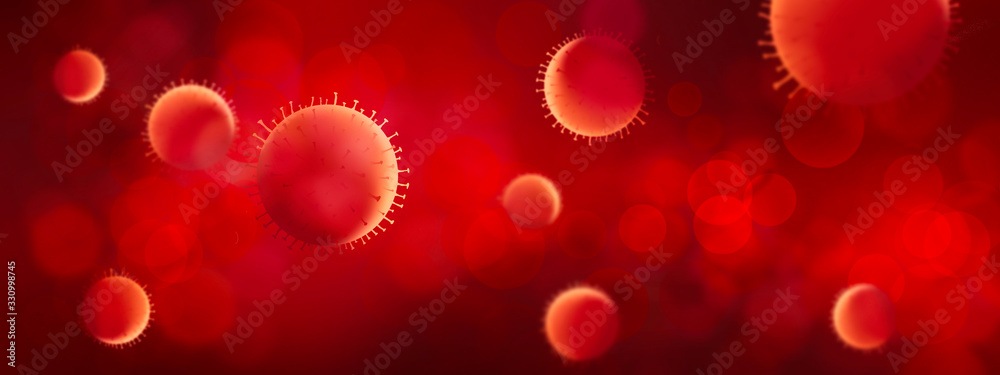 Illustration, view of Corona virus under microscope, virus and producing vaccine. Corona virus outbreaking.  - obrazy, fototapety, plakaty 