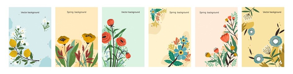 Poster - Collection of colorful natural spring backgrounds. Elegant floral backdrop set with a place for text. Vertical poster or flyer with blooming flowers and leaves. Vector textured illustration.