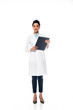 © LIGHTFIELD STUDIOS - Front view of african american doctor with clipboard on white background